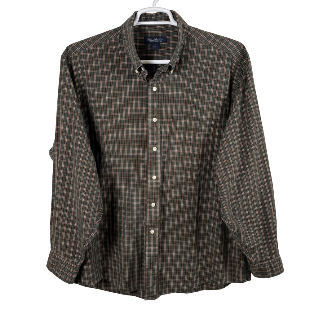 Brooks‎ Brothers Plaid Button-Down Shirt Men's XL Olive Green Navy Cotton Preppy